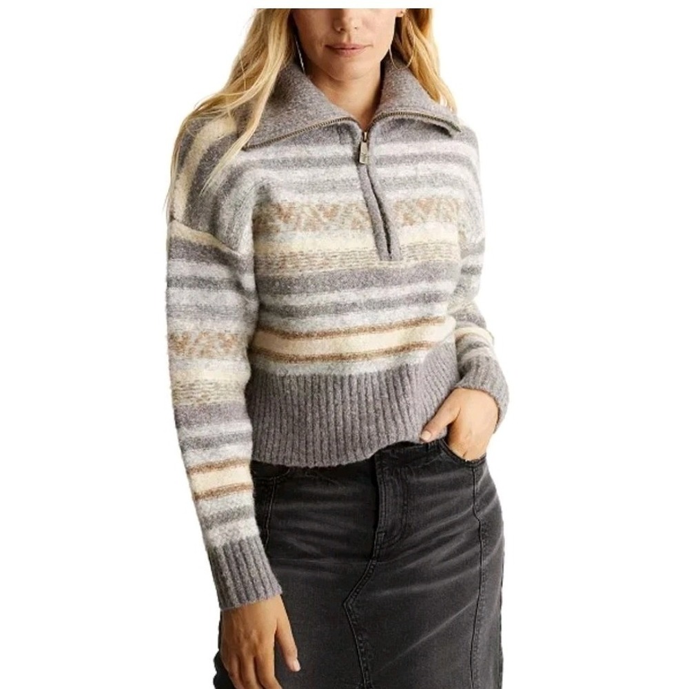 FRYE Striped Fair Isle Quarter Zip Wool Blend Knit Sweater Women's Size Medium